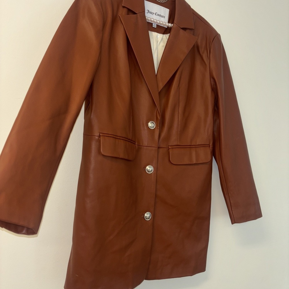 Juicy Couture Brown Faux Leather Blazer Jacket Button Front Pockets Size S - Picture 5 of 10